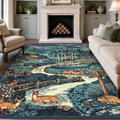 BLUEBELL Vintage Woodland Deer Washable Area Rug, Low Pile Non Slip Botanical Landscape Carpet