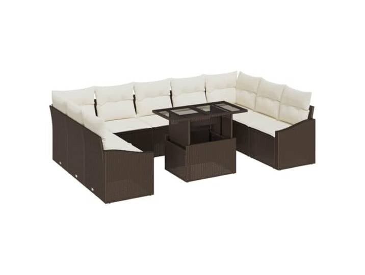 ZQQLVOO Sofa Set 10 STK. Braun und Creme Poly-Rattan Modulare Sitzmöglichkeiten, Sicherheitsglas-Tischplatte, abnehmbare Kissen, Polyesterfüllung, manueller Mechanismus