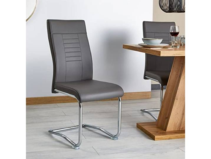 CARO-Möbel 4er Set Esszimmerstuhl Küchenstuhl Schwingstuhl Loano, Gestell in Chrom, Bezug aus Lederimitat in dunkelgrau