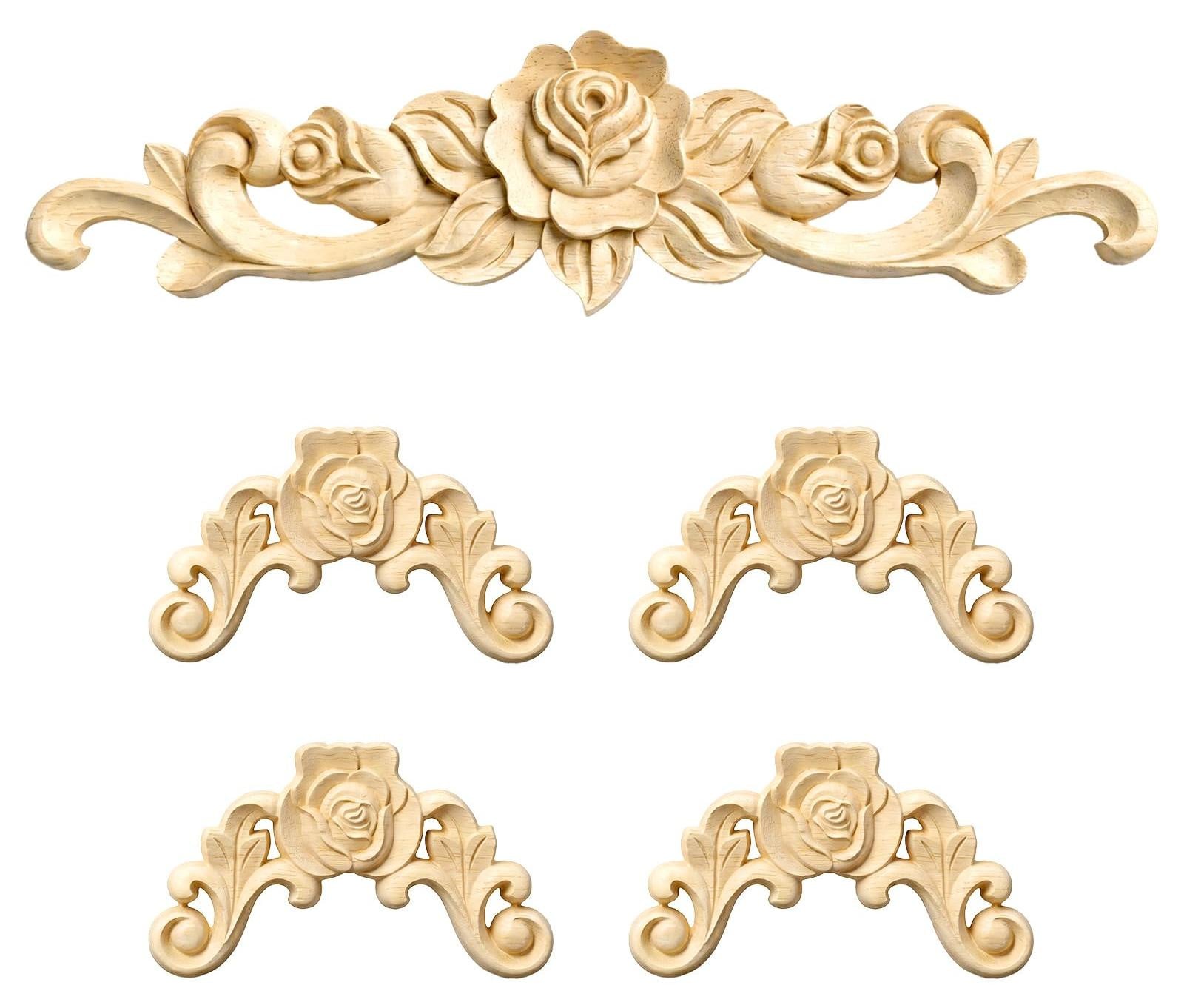 Set van 5 houten ornamenten voor meubels, deuren en kasten in vintage houtsnijwerk stijl