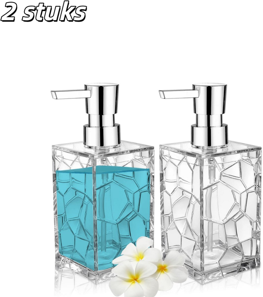 Set van 2 transparante navulbare acryl handzeep- en lotiondispensers voor badkamer en keuken