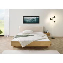 Bett mit Nachttisch Fichte 160x200x85 natur gebeizt / geölt, Kopfteil beige FICHTELBERG #142