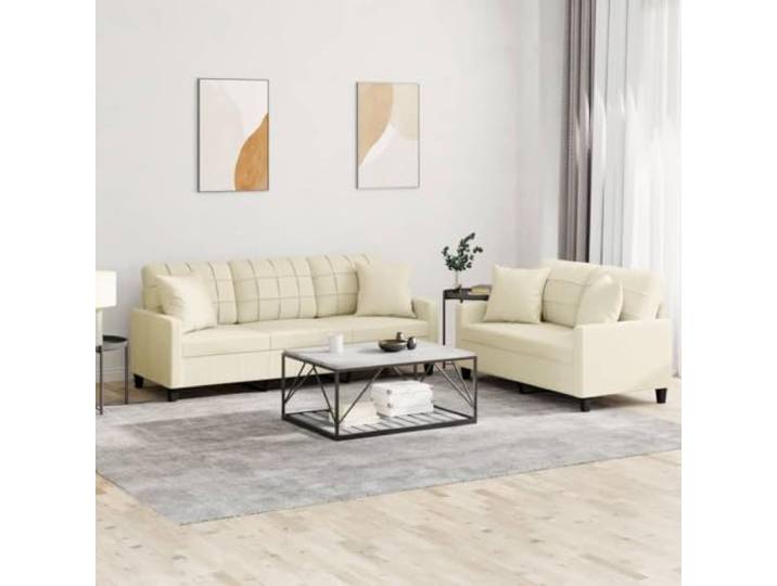 HEFZGDB 2-TLG. Sofagarnitur mit Kissen Creme Kunstleder, Langlebiges Schmutzabweisendes Sofa mit Robustem Gestell, Bequeme Polsterung für Entspannung und Wohnzimmer Komfort,