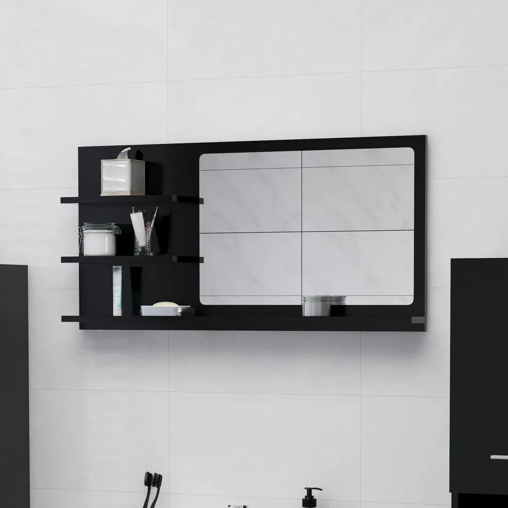 Ebern Designs Adji Flat Mirror with Shelves Black 45cm x 90cm