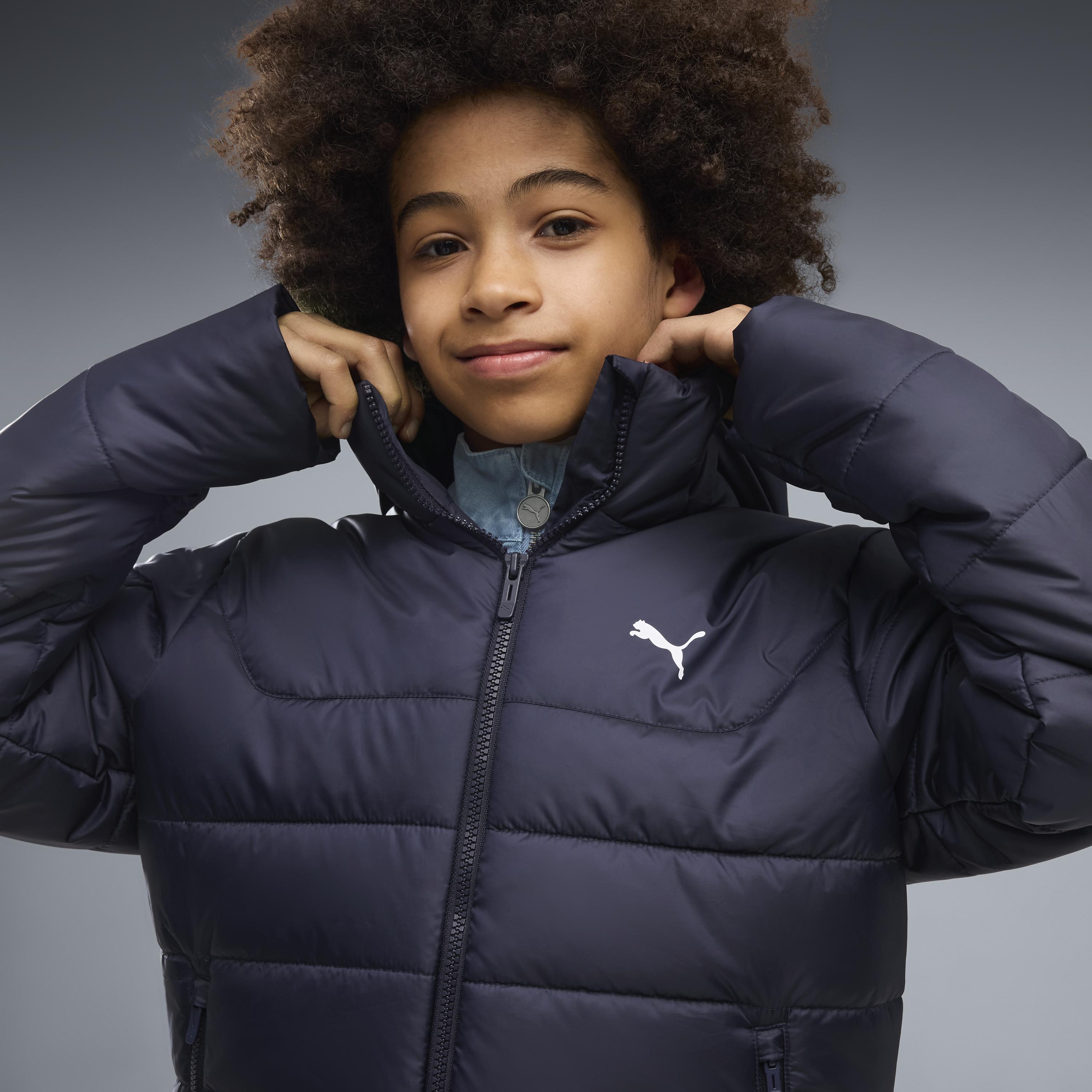 Winterjacke PUMA "ESS HOODED PADDED JACKET", Jungen, Gr. 140, blau (new navy), Taft, Obermaterial: 100% Polyester, unifarben, regular fit normal, Rundhals, Jacken Winterjacke, mit Kapuze, entspannte Passform new navy 140