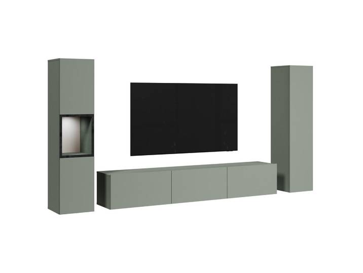 P & B Wohnwand, Salbeigrün, Holzwerkstoff, 3-teilig, 8 Fächer, 240x130x31 cm, Fsc, stehend, hängend, Beleuchtung, spiegelbildliche Montage möglich, Wohnzimmer, Wohnwand, Komplette Wohnwand