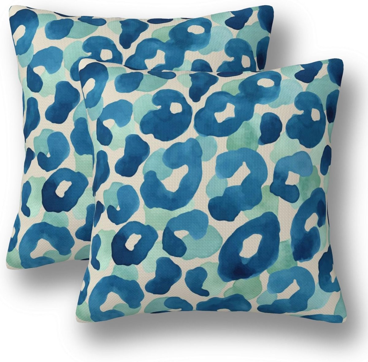 Set van 2 decoratieve kussenhoezen met blauw groene aquarel luipaard print