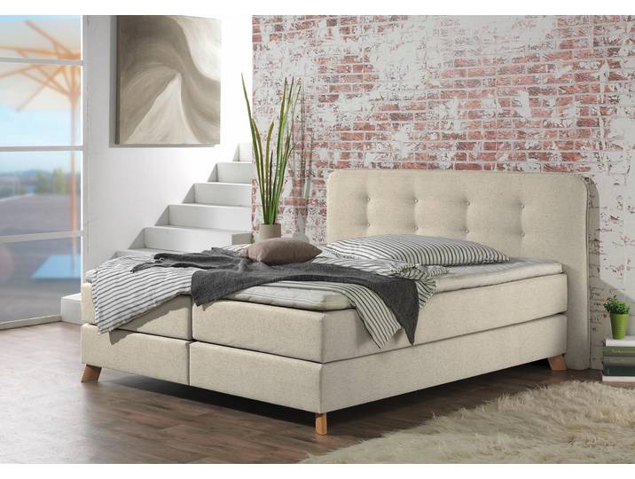 Boxspringbett, Struktur Fein, Beige, 122×210 cm, Knopfheftung, Klassisch, Home Affaire