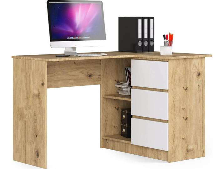 Akord Bureau Angle 3 Tiroirs Droit Chêne Artisan/Blanc 124X85X77