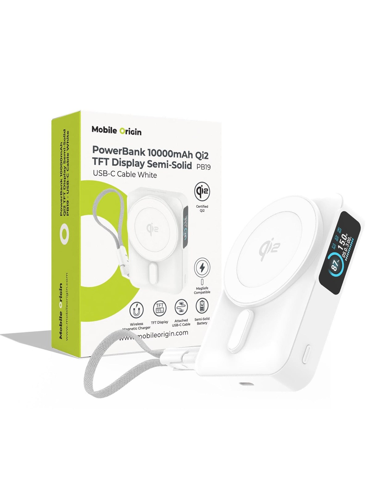 Mobile Origin PB19 Qi2 TFT Display Semi-solid Power Bank (w/ Built in USB-C cable) - White - 10000 mAh