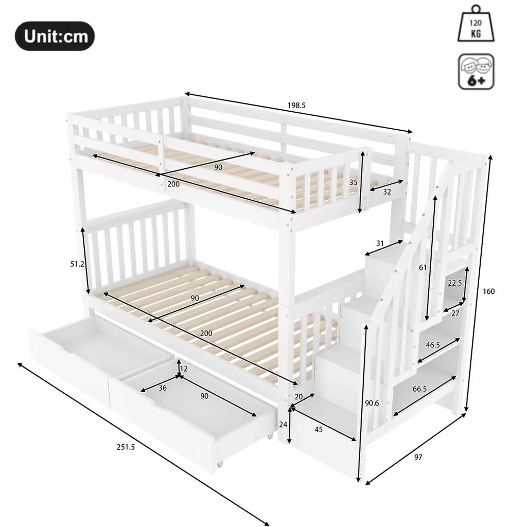 Kinder-Etagenbett mit Treppe - Kinderbett - Matratzenmaß 90 × 200 cm - Zwei Schubladen - Kiefer - Hohes Sicherheitsgeländer - EN 747-1- - Weiß
