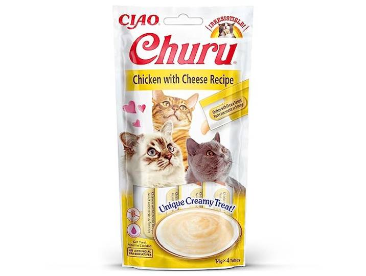 INABA Churu - Kattensnacks met gepureerde kip en kaas - Heerlijke snacks voor katten - Gladde en romige textuur - Kattenvoer - 4 Tubes x 14g