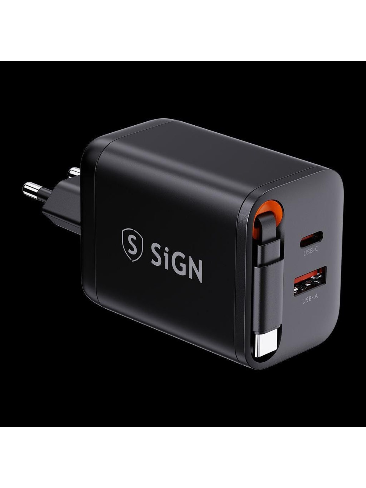 SiGN GaN Fast Charger USB-C/USB-A 40W with extendable USB-C cable - Black