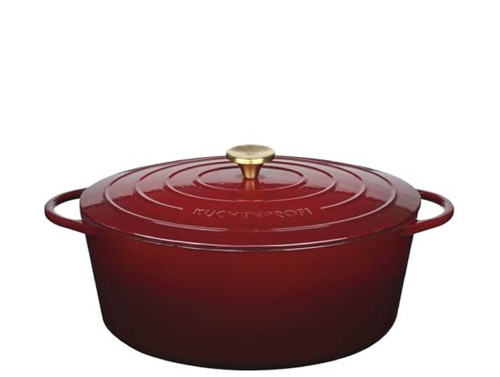 Küchenprofi Gusseisen-Bräter mit Deckel, oval, 35 cm, Médoc, Induktion Emaillierter Gusseisen-Bräter mit messingfarbenem Edelstahlknopf, induktionsgeeignet und sehr pflegeleicht