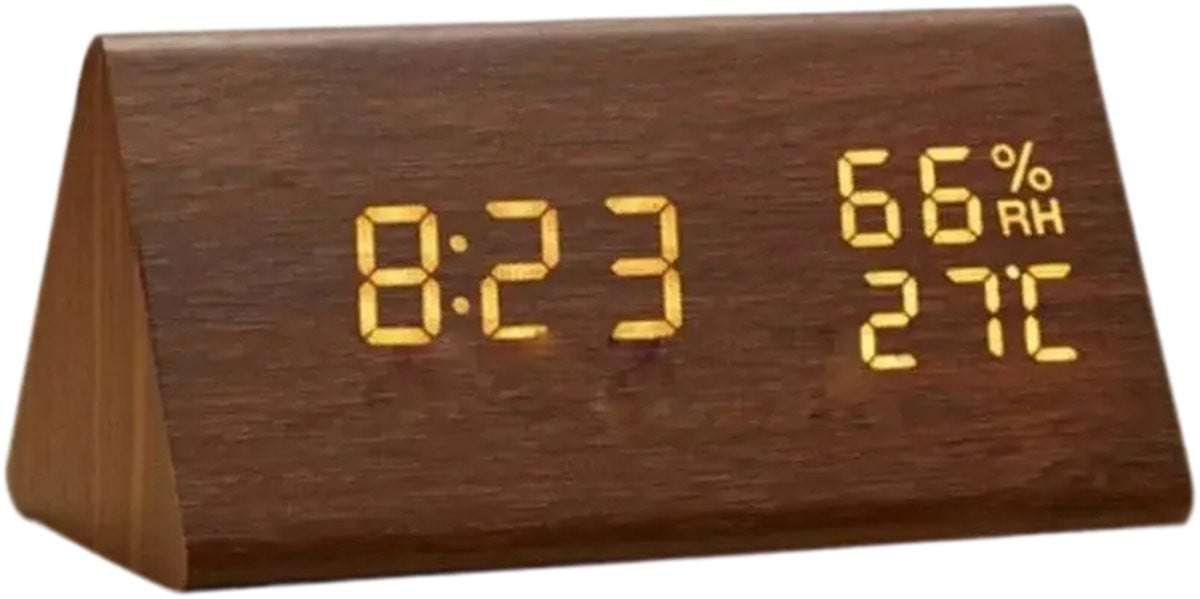 QTTVBTNA Digitale Houten Wekker met LED Tijdweergave, Temperatuur- en Vochtigheidsmeter, Lichtbruin