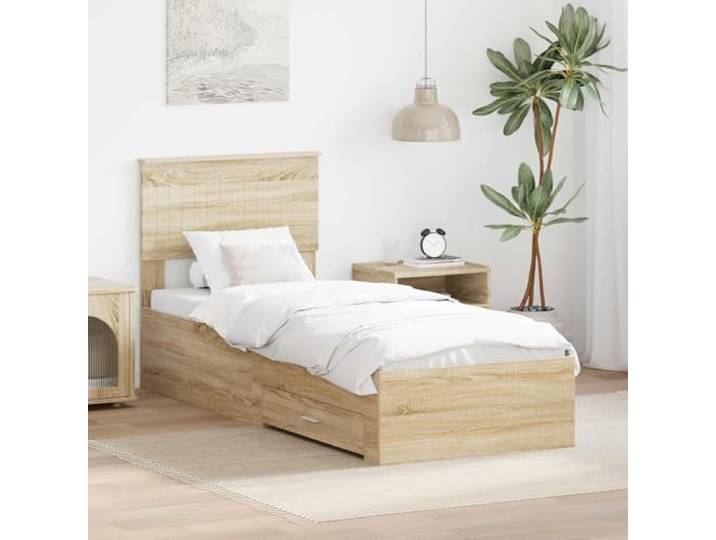 RJPLMFV Bettgestell mit Schublade, Sonoma, Eiche und Silber, 75 x 190 cm Robustes Holzwerkstoff, feste Latten inklusive, praktische Aufbewahrung, modernes Design, einfache Wartung