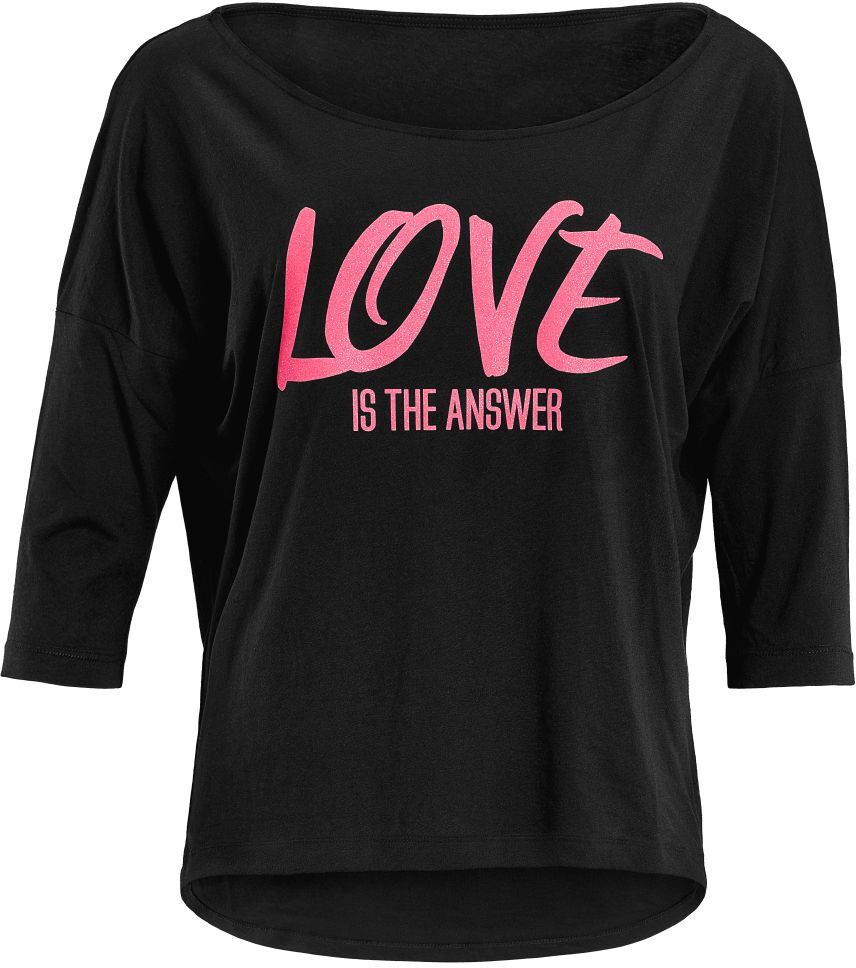 3/4-Arm-Shirt WINSHAPE "MCS001 ultra leicht", Damen, Gr. XS, schwarz (schwarz, glitzer neon pink), 50% Modal, 50% Baumwolle, U-Boot-Ausschnitt, Shirts 3/4-Arm-Shirt, mit Neon pinkem Glitzer-Aufdruck schwarz, glitzer neon pink XS