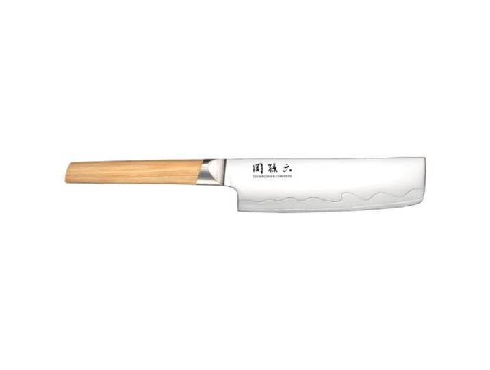 KAI Seki Magoroku Composite Nakiri-Messer 16,5 cm Klingenlänge - SUS420J2 Edelstahl 56 HRC/VG 10 Stahl 61 HRC - heller gemaserter Pakkaholzgriff - Handgefertigt in Japan - Durchgehender Erl