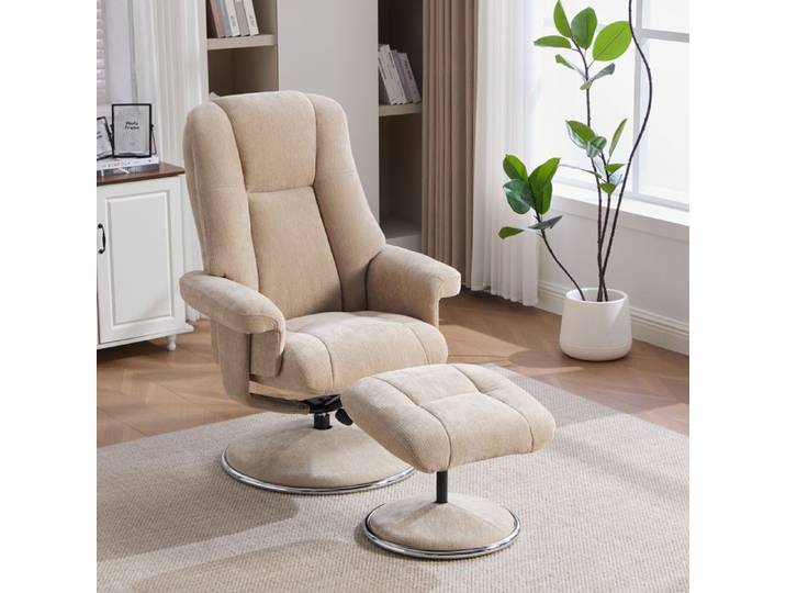Fauteuil Relaxant Pivotant 360° en Tissu Chenille avec Pouf - Siège Inclinable avec Socle en Métal - Design Ergonomique - Taupe