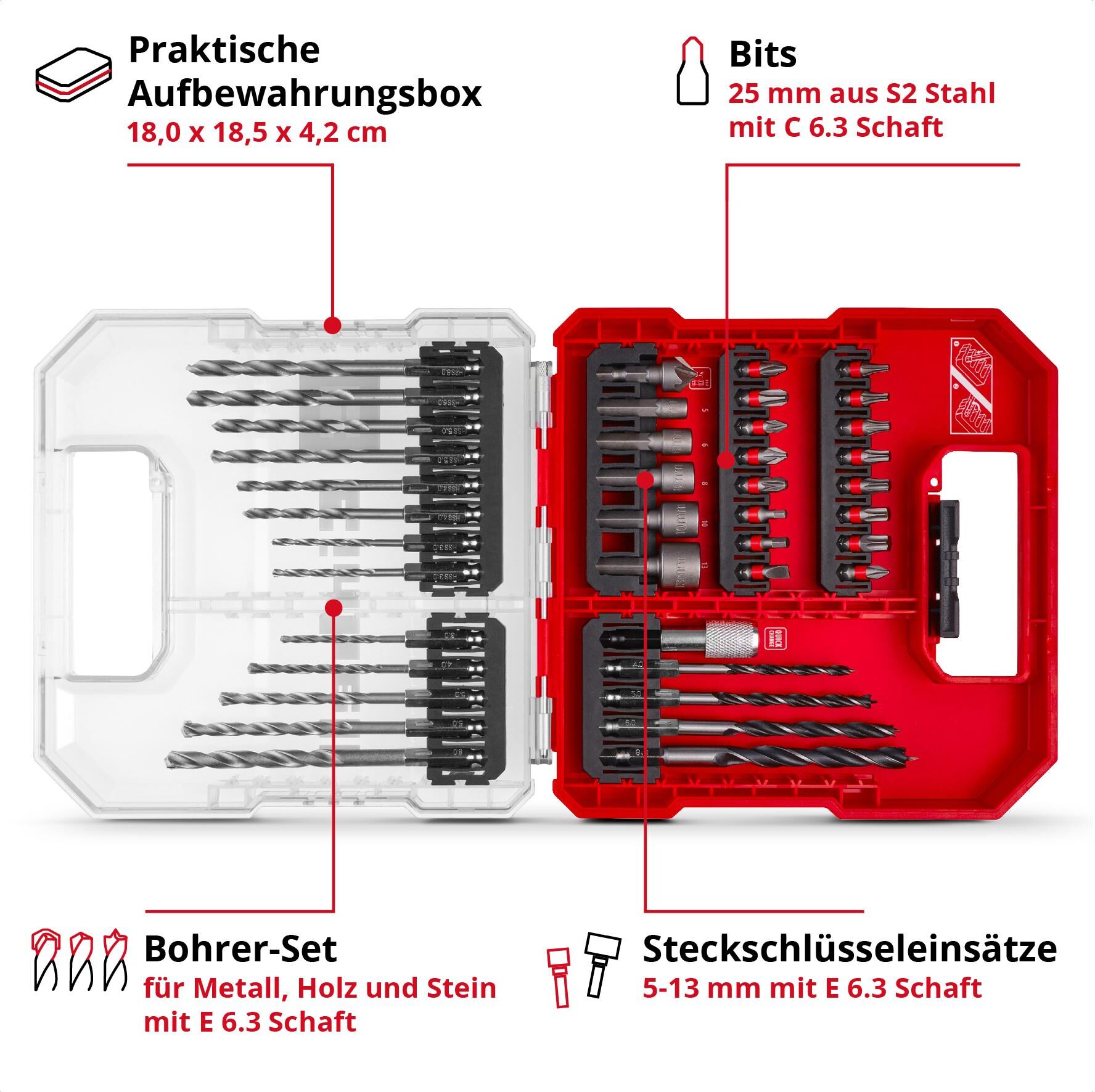 Bit-Set EINHELL "L-CASE Kassette 40tlg LS", rot (bunt), Bits, Bit-Set bunt Einheitsgröße