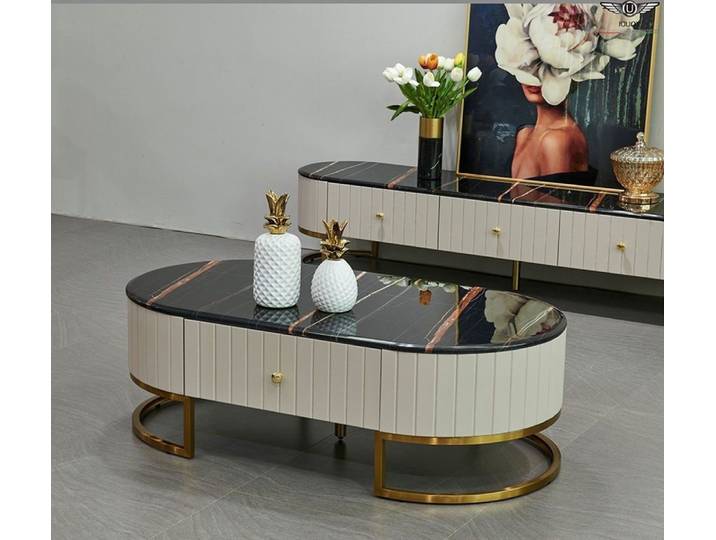 Xlmoebel Couchtisch Holz Couchtisch in Natur mit Edelstahl-Akzenten und Schublade, Made in Europa