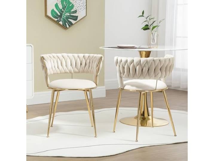 Weicher Samt Esszimmerstuhl 2-teiliges Set, Weiche gepolsterte bequeme Wohnzimmer Stuhl, Make-up Zimmer/Schlafzimmer, Moderne fingerförmige Rückenlehne mit Armlehnen, Hohler Ankleidestuhl (Elfenbein)