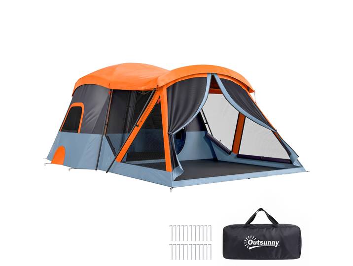 Tente de camping familiale de type tunnel Outsunny pour 2 à 4 personnes Orange et bleu
