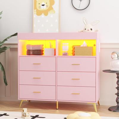 Yun Dresser for Bedroom with LED Lights and Power Outlet, Dresser with 6 Drawers