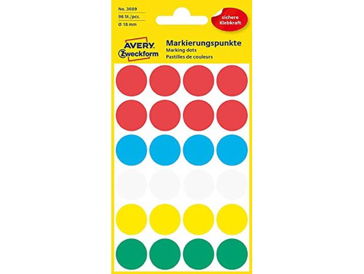 AVERY Zweckform 3089 zelfklevende markeringspunten (Ø 18 mm, 96 kleefpunten op 4 vellen, ronde stickers voor kalender, planner en om te knutselen, papier, mat) bont