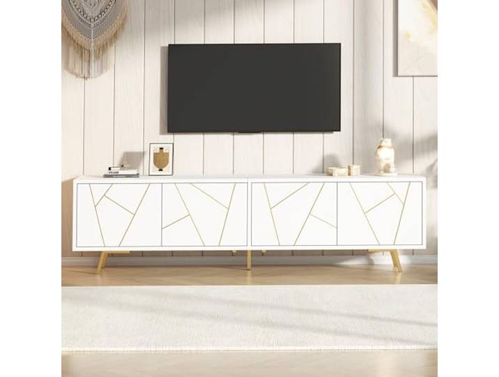 RAPRAP 190cm Tv Schrank Holz mit 4 Türen & Goldakzenten, Tv Lowboard Stehend 60 Kg Belastbar Für Grosse Bildschirme, Lowboard Holz Weiss/Gold Geometrisch, Fernsehschrank Freistehend,190cm b
