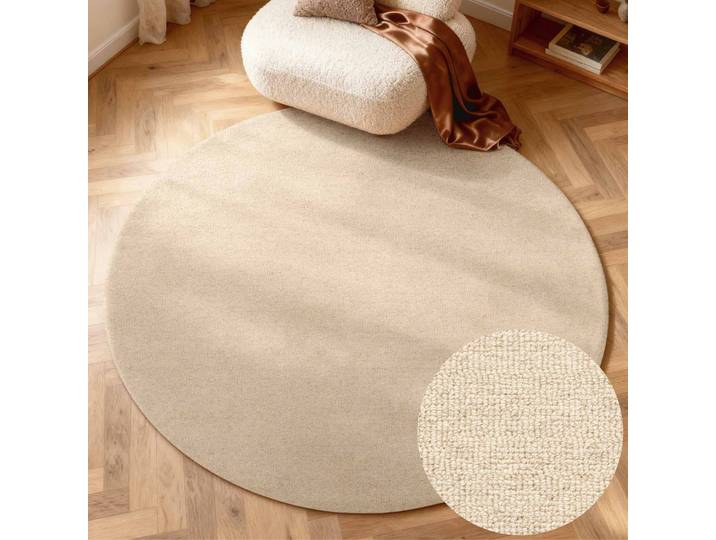 Wollteppich ELLE DECORATION Knots , hellbeige, H:13mm Ø:200cm, Wolle, Teppiche, Wollteppich, Handtuft, Wolle, Rund, Feines Bouclé, Wohnzimmer, Schlafzimmer, Natur