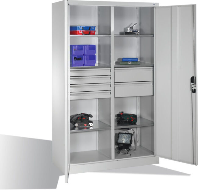 Armoire à outils C+P avec portes battantes, 6 tablettes, 6 tiroirs, H1950xL1200xP500mm, gris clair ; C + P Möbelsysteme (8931-3041 S10156)