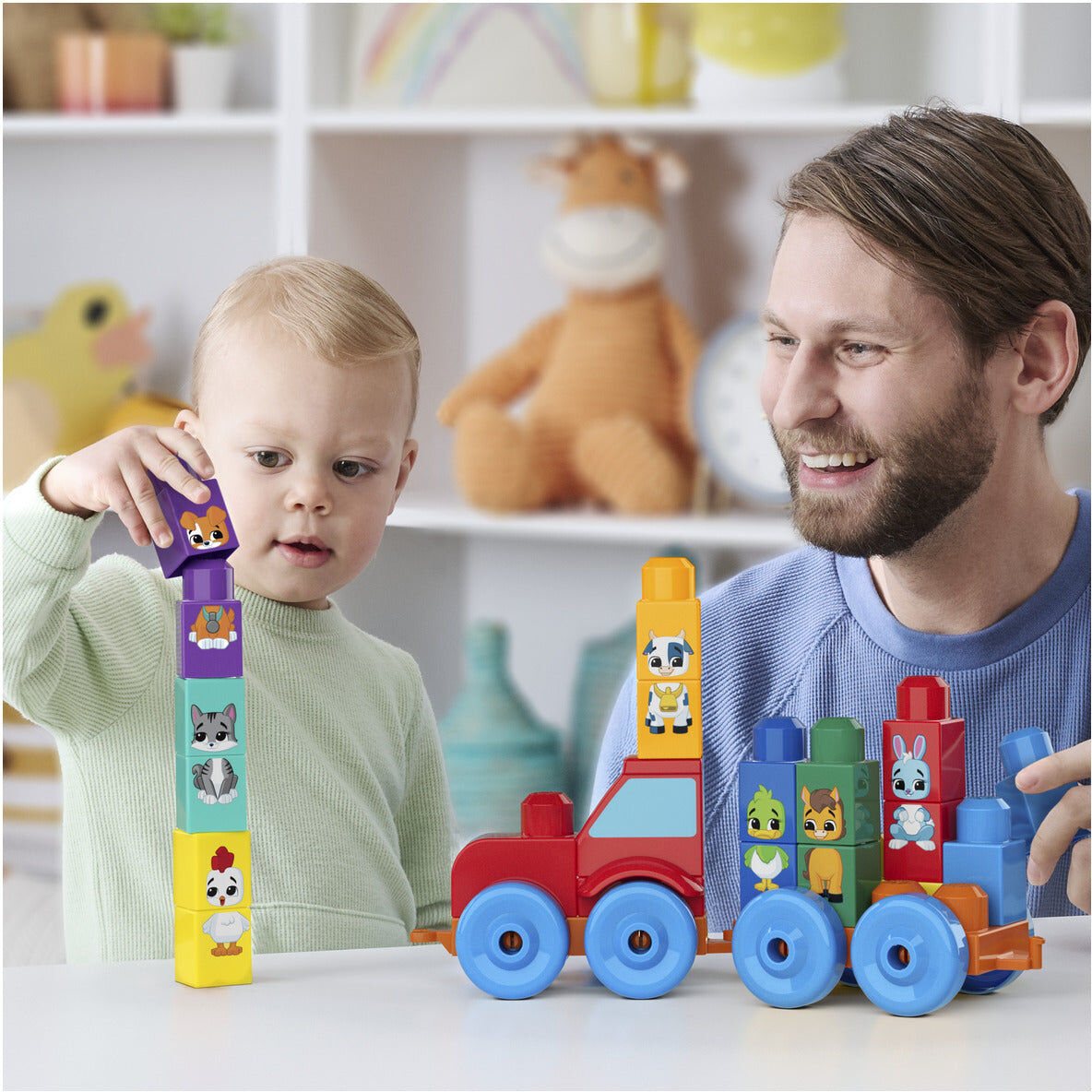 Mattel MEGA BLOKS First Builders Build ; Match Animal Tractor 30-Piece Set for Toddlers - Red and Blue - 30-piece