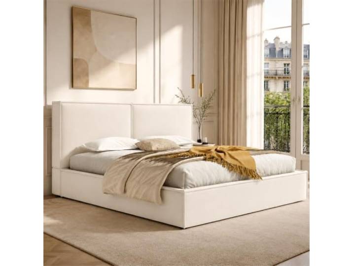 BXEYXE Polsterbett, Doppelbett,180 x 200cm, hydraulisches Funktionsbett, Bett mit Lattenrost, Kopfteil, gepolstertes Kopfteil, Beige Leinen