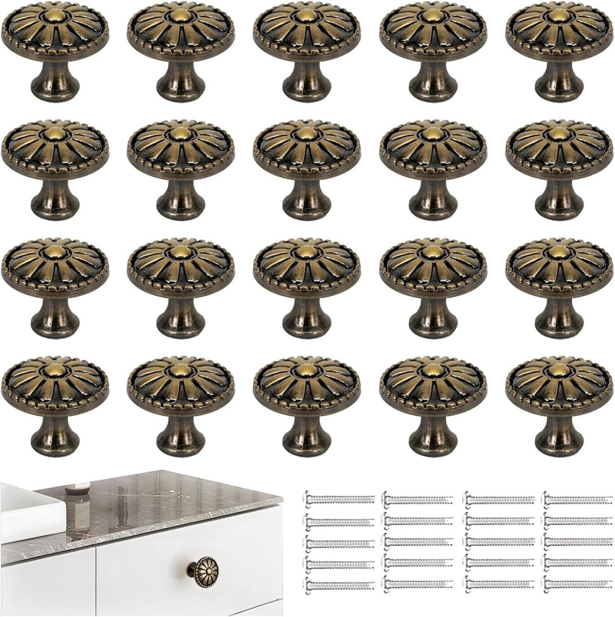 20 stuks Ronde Meubelknoppen met Bloemmotief - Vintage Kastknoppen 30mm inclusief schroeven