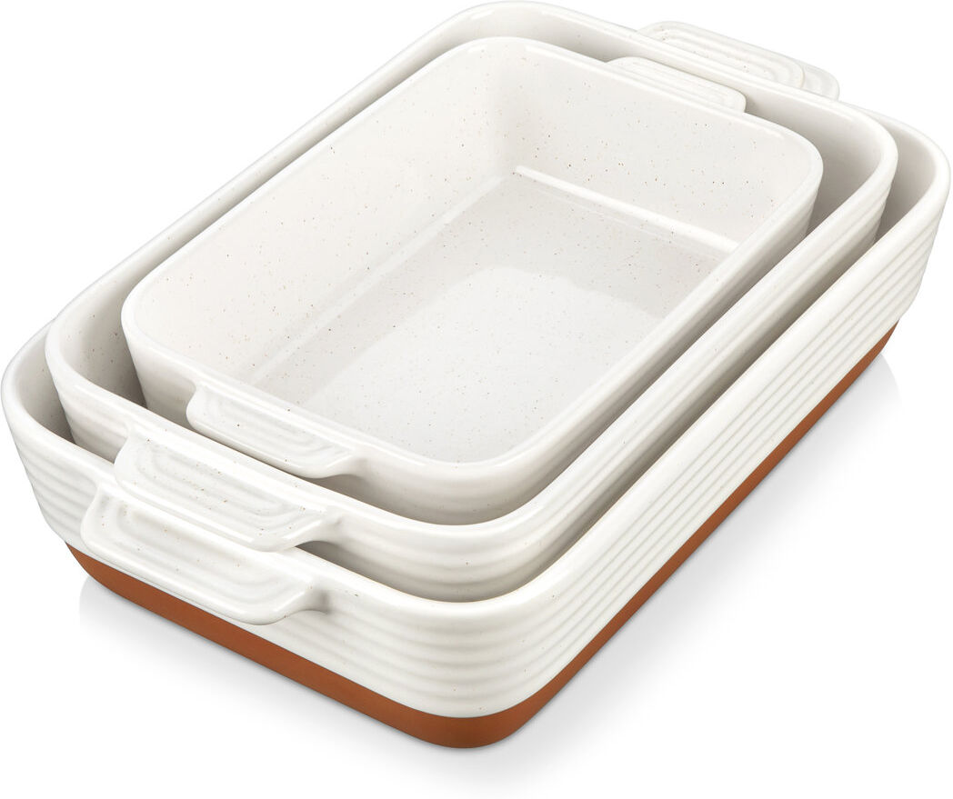 MALACASA Rectangle Stoneware Stainless Steel 3 Piece Ramekin Au Gratin Dish Bakeware Set Tan;White 3800L