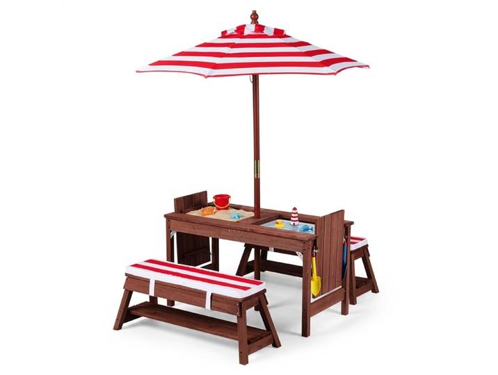Houten Kindersitzgroep met Parasol Kinderpicknicktafel met 2 Banken Afneembare Zitkussens 2 Afneembare Dozen Rood