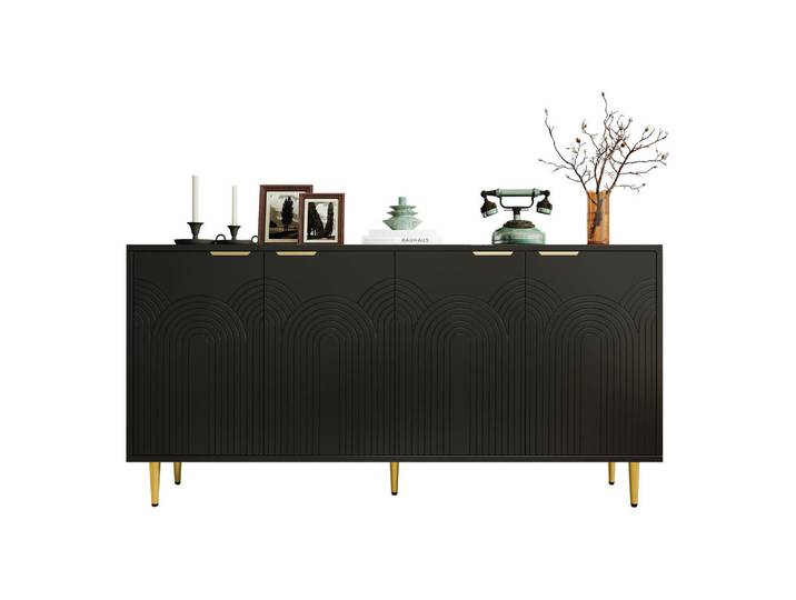 Stilvora Sideboard in Schwarz Kommode mit 4 Türen und Goldene Gebürstete Griffe für Wohnzimmer, B160/T40/H80cm, Metall, 2 Fächer, Rechteckig,Rechteckig, konisch, 160x80x40 cm, Kleinmöbel, Kommoden, Sideboards