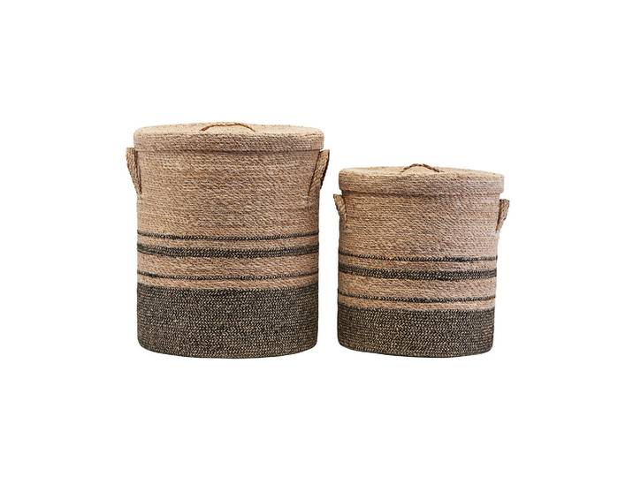 Lot de 2 paniers en cannage beige et gris, avec couvercle, 2 tail