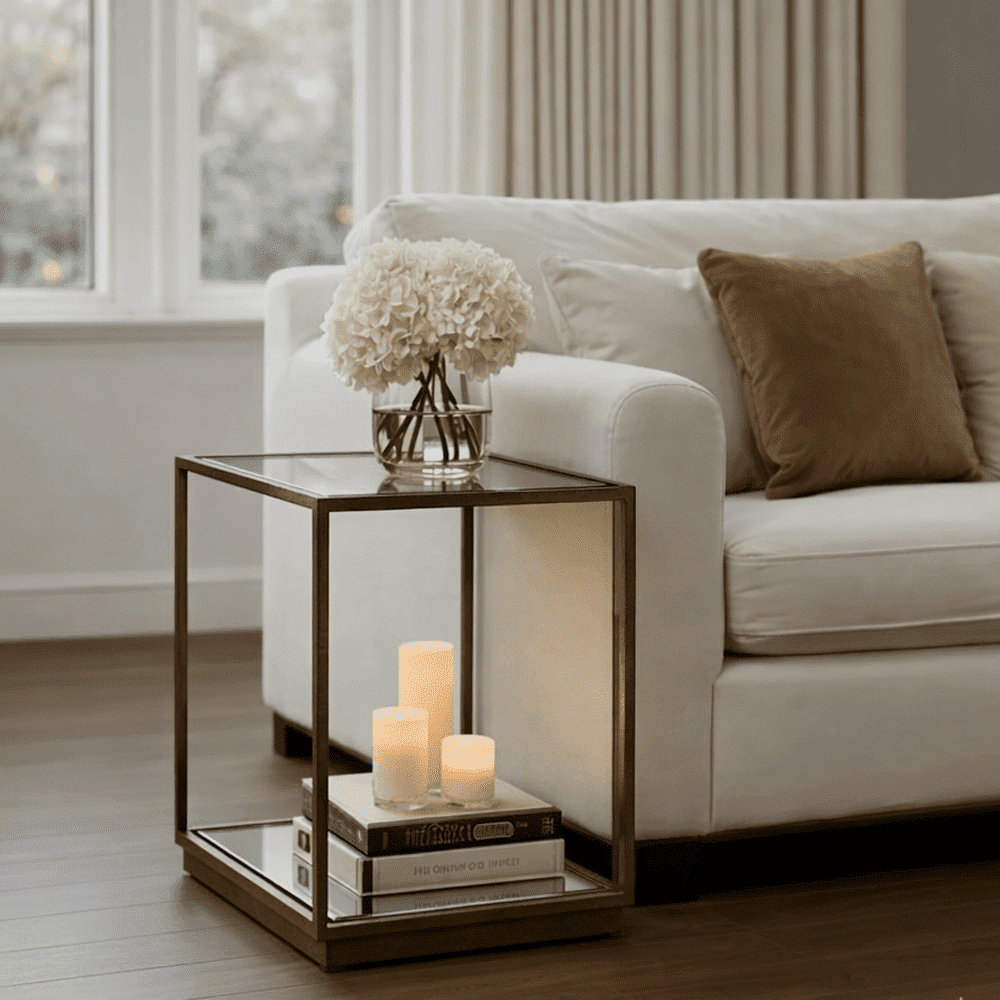 In Stock - Alpha Bronze & Glass Side Table with Mirrored Shelf