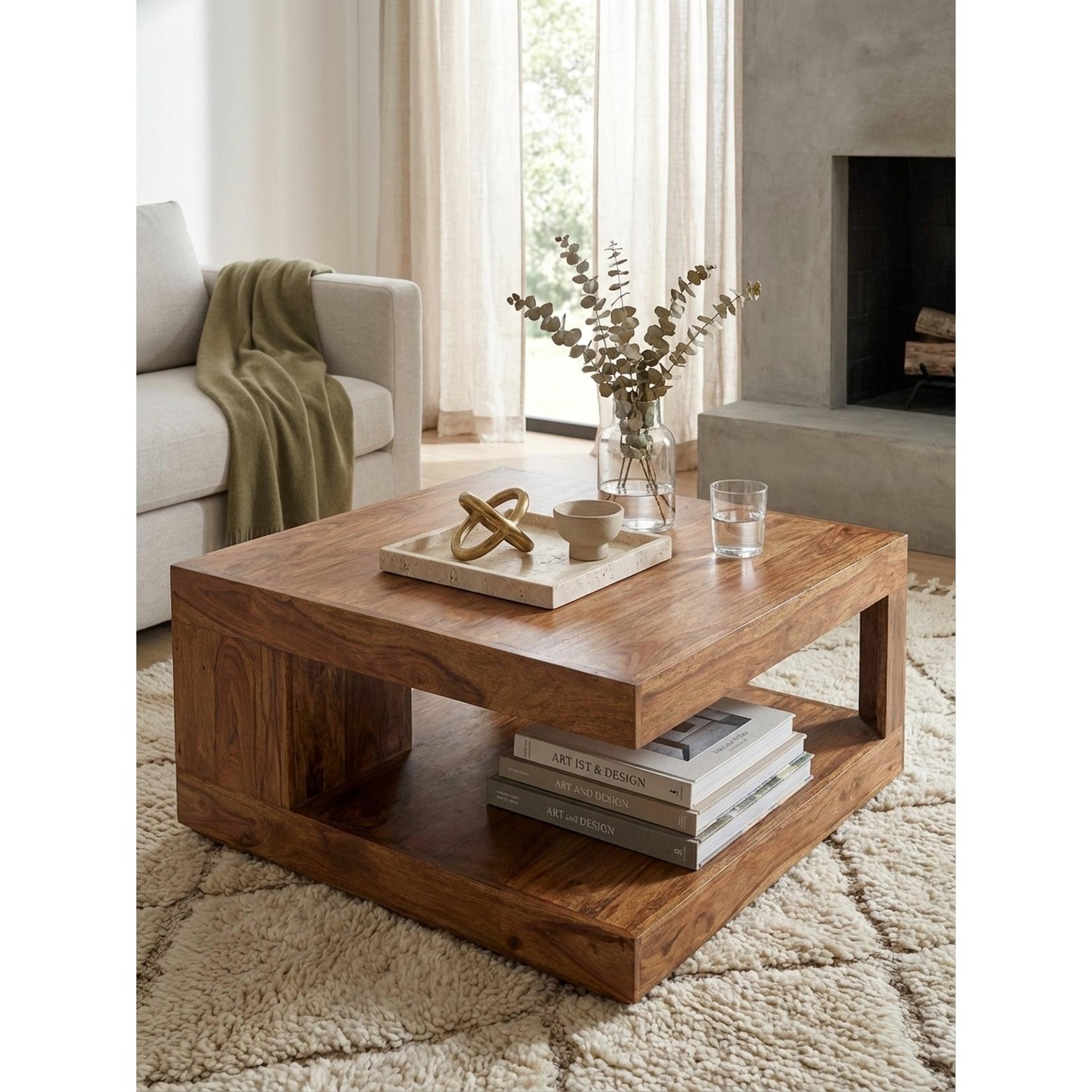 Couchtisch Dunkelbraun Massivholz Sheesham 90 cm Landhausstil