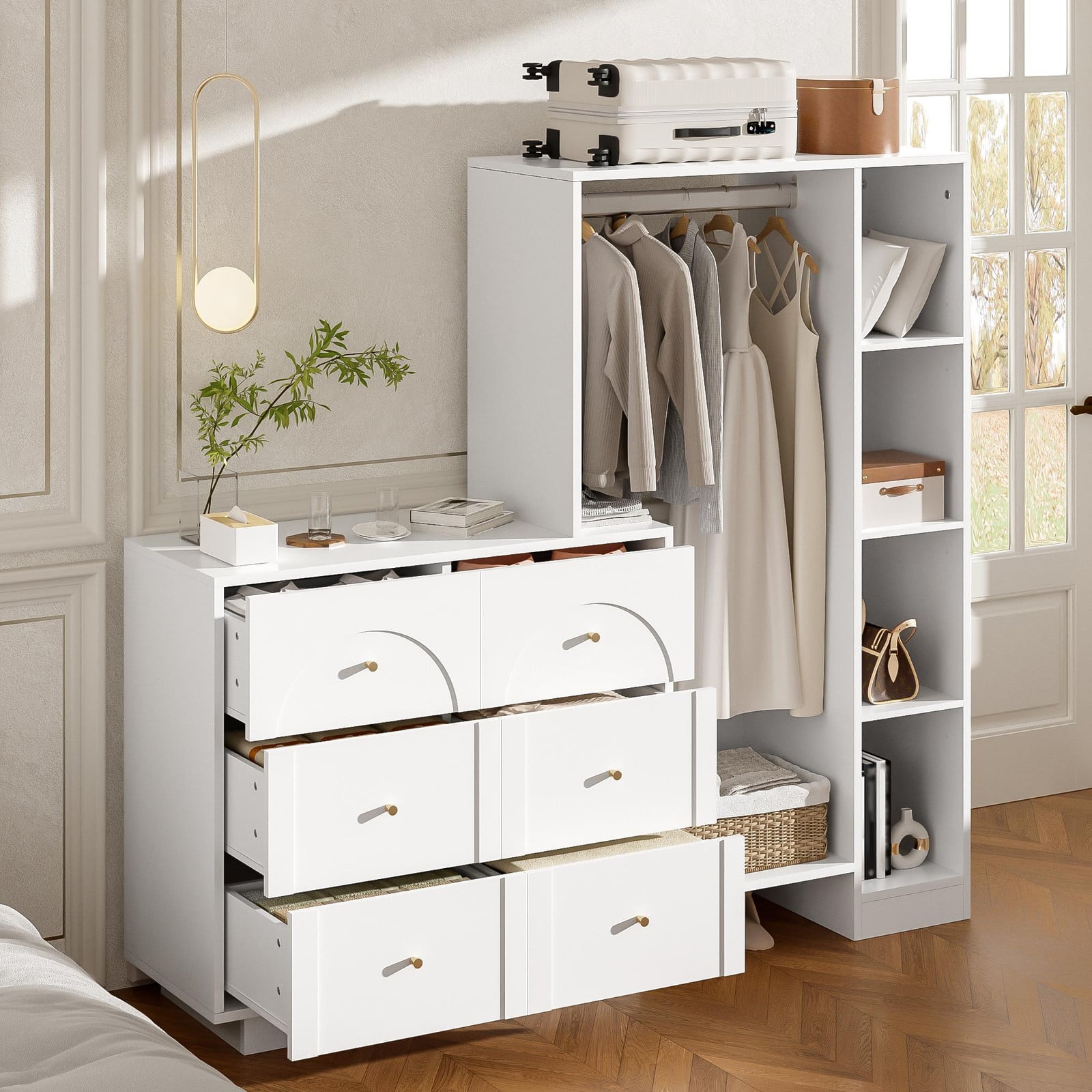 Okwish multifunctionele entreekast met open garderobe, zijplanken en 6 lades, wit
