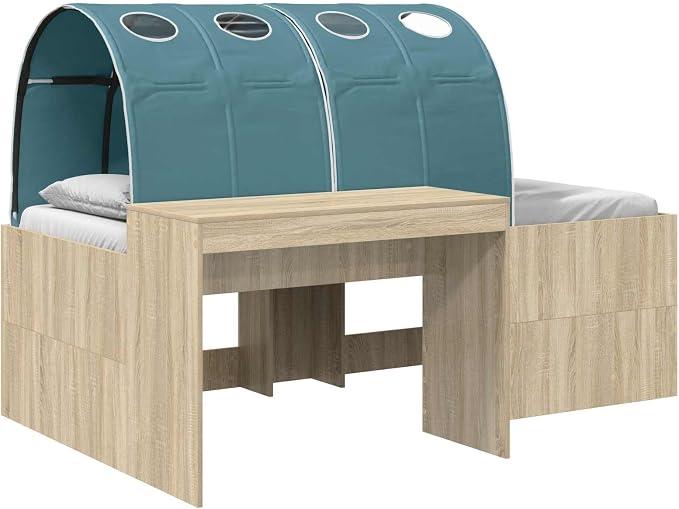 Modernes Bettgestell mit Tunneln und Schreibtisch aus Holzwerkstoff, Kinderbett mit Stauraum für das Jugendzimmer, Sonoma-Eiche und Hellblau, 193 x 133,5 x 61 cm