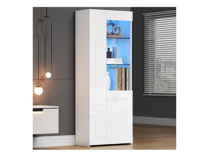 Fine Life Pro Standvitrine Hochglanz-Vitrine mit LED, Schublade & Schrank – 70x35x180 cm. Standvitrine als Highboard, Tragkraft 45 kg – für Wohnzimmer & Flur.