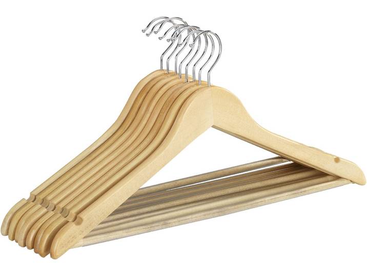 Kleiderbügel WENKO Modell Eco , braun, B:45cm H:23,5cm T:1,2cm, Massivholz, Kleiderbügel, Kleiderbügel, für Garderobe & Kleiderschrank, mit Hosensteg & Rockeinkerbung, Holz