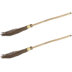 Relaxdays Hexenbesen 2er Set, mit Stiel, 97 cm lang, Kostümzubehör für Erwachsene, Halloween, Bambus, Zauberbesen, natur