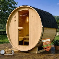 Artsauna Fasssauna Spitzbergen 180 - 4 Personen, 6 kW Ofen, Zubehör - Fichtenholz Sauna