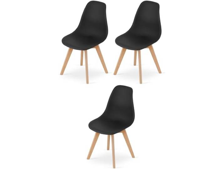 NMK HOME Stuhl 3er Set Kunststoff Holz Schwarz Skandinavisch Kunststoff, Holzbeine, ergonomisch, Esszimmer, Büro, stabil, einfaches Design, leicht zu reinigen, vielseitig, Skandinavisch