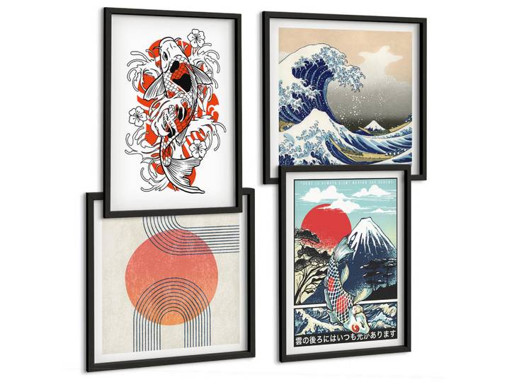 Tulup Bilder SET 4er Set - 50x50 cm & 40x60 cm Schwarzer Rahmen - Illustrationen von Fischbergen, die sich in Japan ausbreiten, Kunststoff, Rechteckig, 50x50 cm, Fotografie, Bilder & Rahmen, Bilder