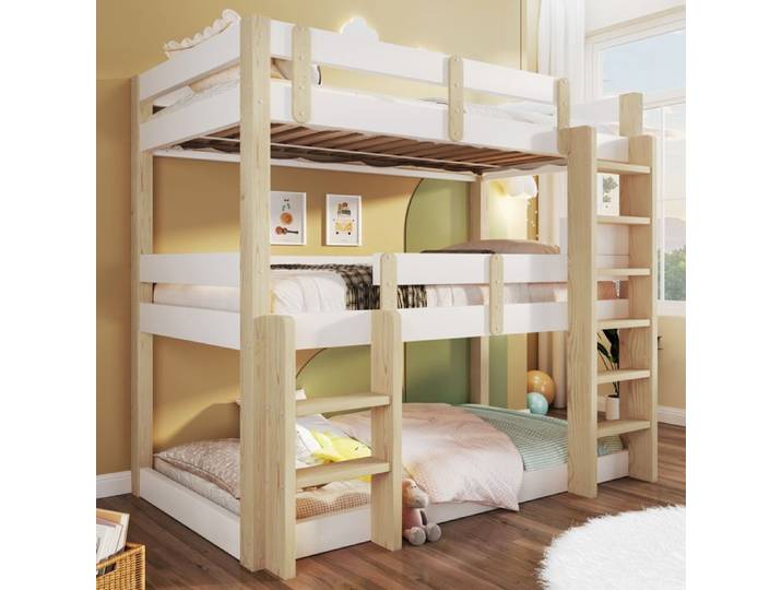 Lit superposé 90x190 cm triple étage pour enfants adolescents et adultes couleur blanc et naturel